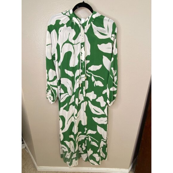 H&M Womens Green & White Long Sleeve Midi Dress Small Abstract Leaf Pattern - Picture 2 of 7